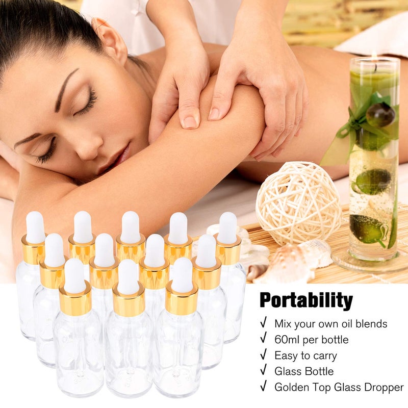 PrettyCare Glass Eye Dropper Bottles 2oz (60ml), 12 Pcs Clear Empty Thick Bottles Bulk with Leakproof Golden Caps - With Labels & Funnels for for Storage, Travel,Essential Oils, DIY Serums, Tincture - Image 2